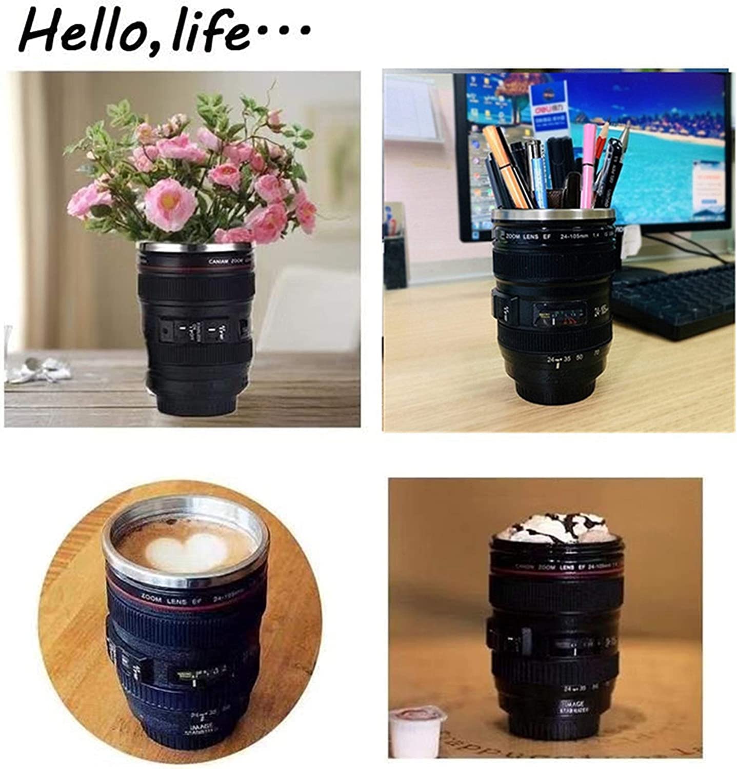 Steel Insulated Plastic Camera Lens Tea Coffee Cappuccino Flask Mugs Thermos with Leak Proof Lid DSLR Camera Shaped Lens Mug Best Gift Idea Travelling Mug, 350 ml